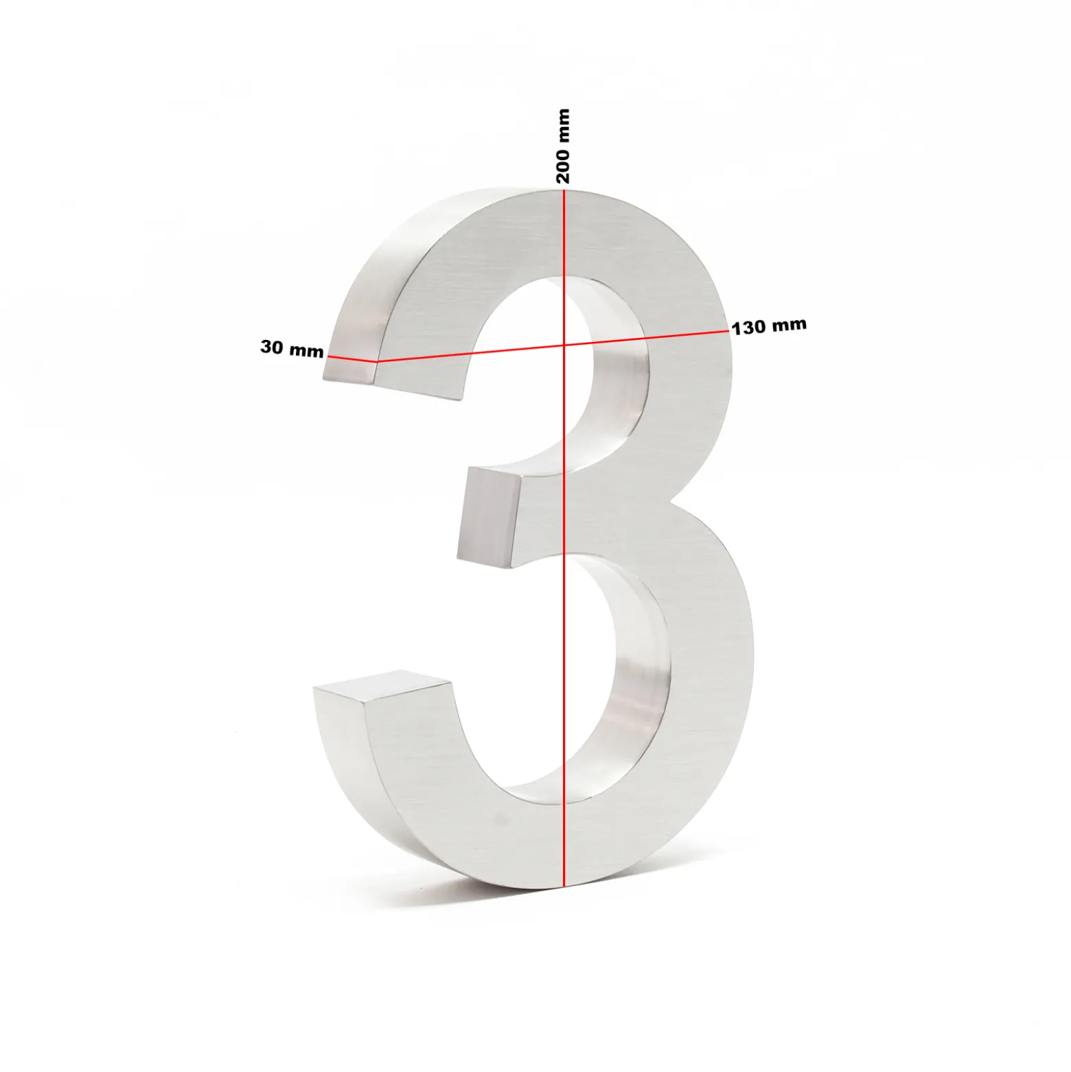 Wiltec Hausnummer 3 silberfarbene Edelstahl Hausnummer in modernem 3D-Design, Höhe 20 cm, Schrift Arial, rostfrei und witterungsbeständig, mit Montagematerial
