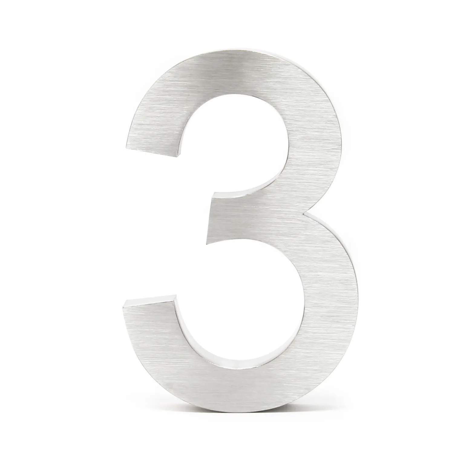 Wiltec Hausnummer 3 silberfarbene Edelstahl Hausnummer in modernem 3D-Design, Höhe 20 cm, Schrift Arial, rostfrei und witterungsbeständig, mit Montagematerial