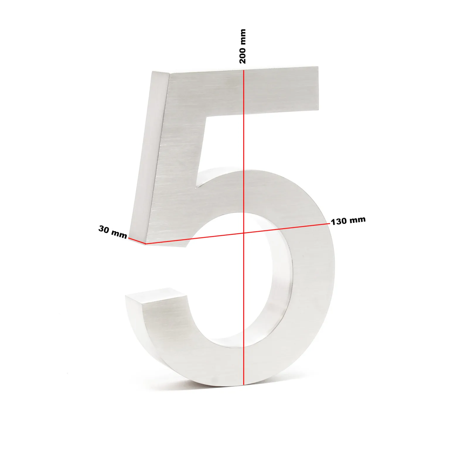Wiltec Hausnummer 5 silberfarbene Edelstahl Hausnummer in modernem 3D-Design, Höhe 20 cm, Schrift Arial, rostfrei und witterungsbeständig, mit Montagematerial