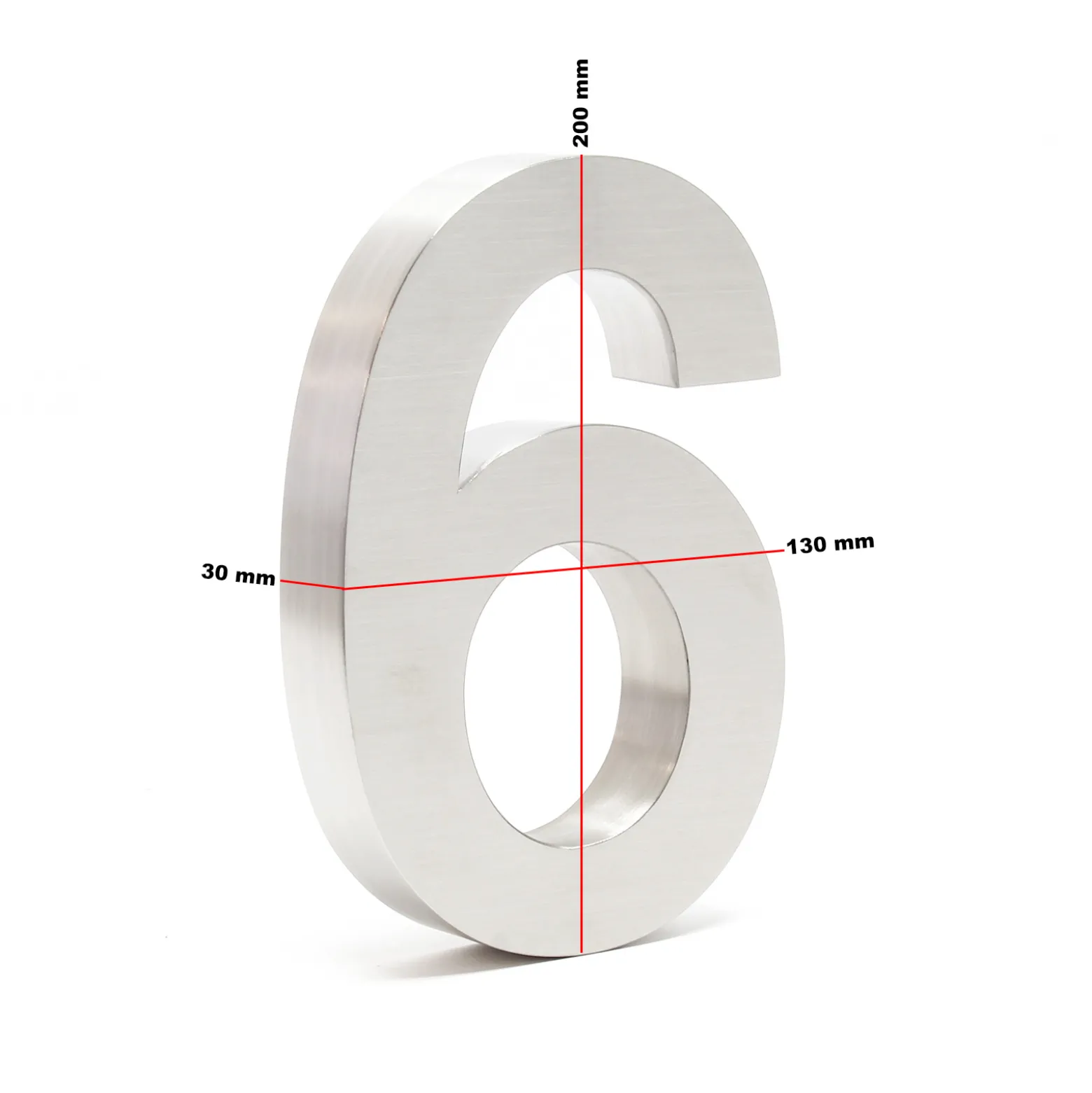 Wiltec Hausnummer 6 silberfarbene Edelstahl Hausnummer in modernem 3D-Design, Höhe 20 cm, Schrift Arial, rostfrei und witterungsbeständig, mit Montagematerial
