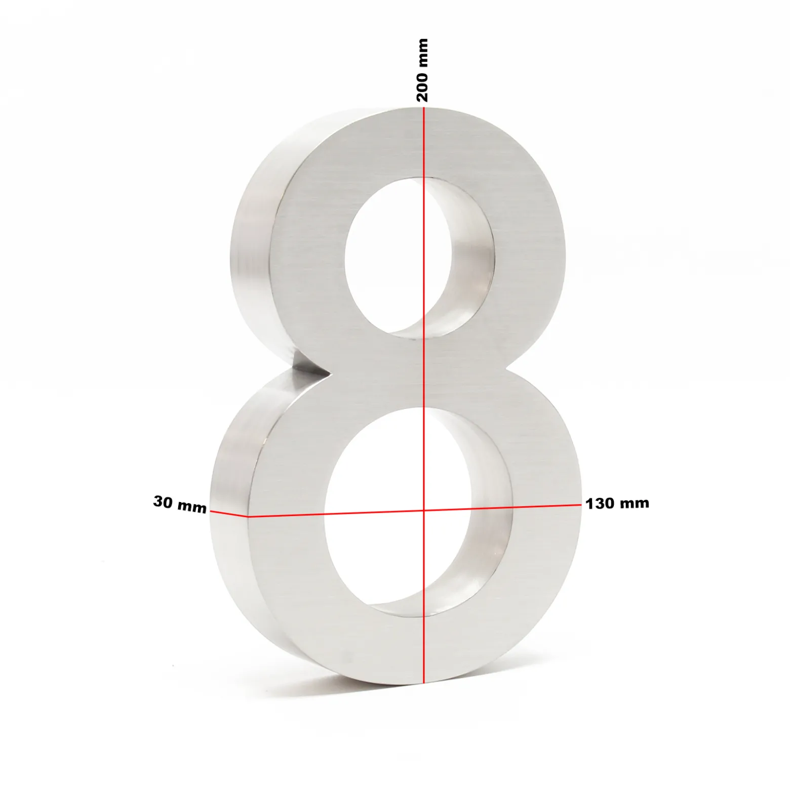 Wiltec Hausnummer 8 silberfarbene Edelstahl Hausnummer in modernem 3D-Design, Höhe 20 cm, Schrift Arial, rostfrei und witterungsbeständig, mit Montagematerial