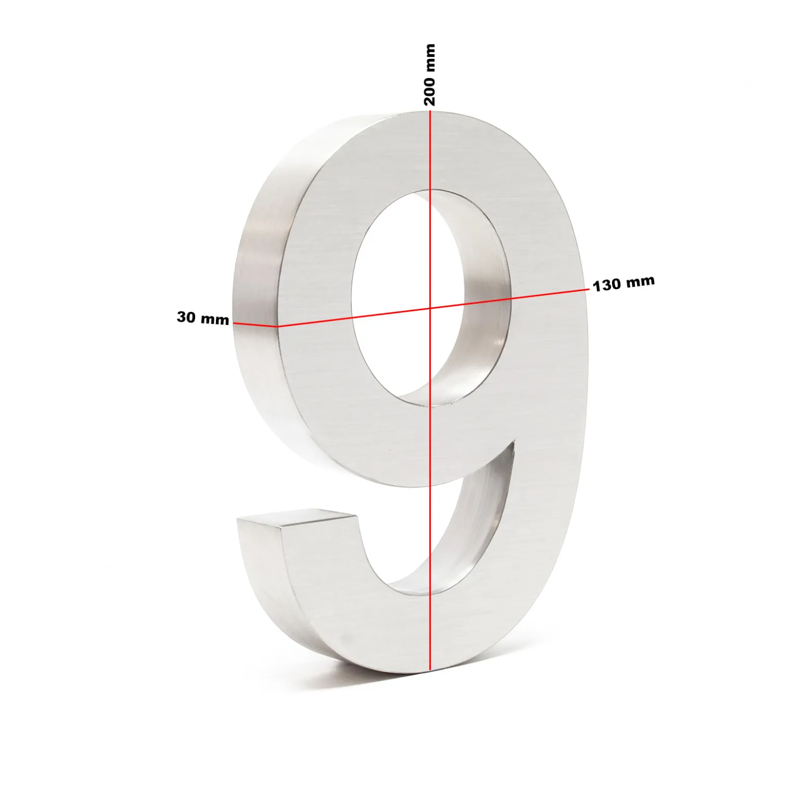 Wiltec Hausnummer 9 silberfarbene Edelstahl Hausnummer in modernem 3D-Design, Höhe 20 cm, Schrift Arial, rostfrei und witterungsbeständig, mit Montagematerial