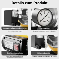 Wiltec Hauswasserwerk mit 24-L-Membrankessel, 5000 l/h Hauswasserautomat mit Druckschalter und Vorfilter, Gartenpumpe mit 50 m Förderhöhe, Wasserpumpe mit 7 m Ansaugtiefe