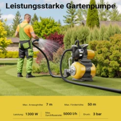 Wiltec Hauswasserwerk mit 24-L-Membrankessel, 5000 l/h Hauswasserautomat mit Druckschalter und Vorfilter, Gartenpumpe mit 50 m Förderhöhe, Wasserpumpe mit 7 m Ansaugtiefe