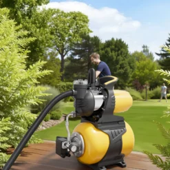 Wiltec Hauswasserwerk mit 24-L-Membrankessel, 5000 l/h Hauswasserautomat mit Druckschalter und Vorfilter, Gartenpumpe mit 50 m Förderhöhe, Wasserpumpe mit 7 m Ansaugtiefe