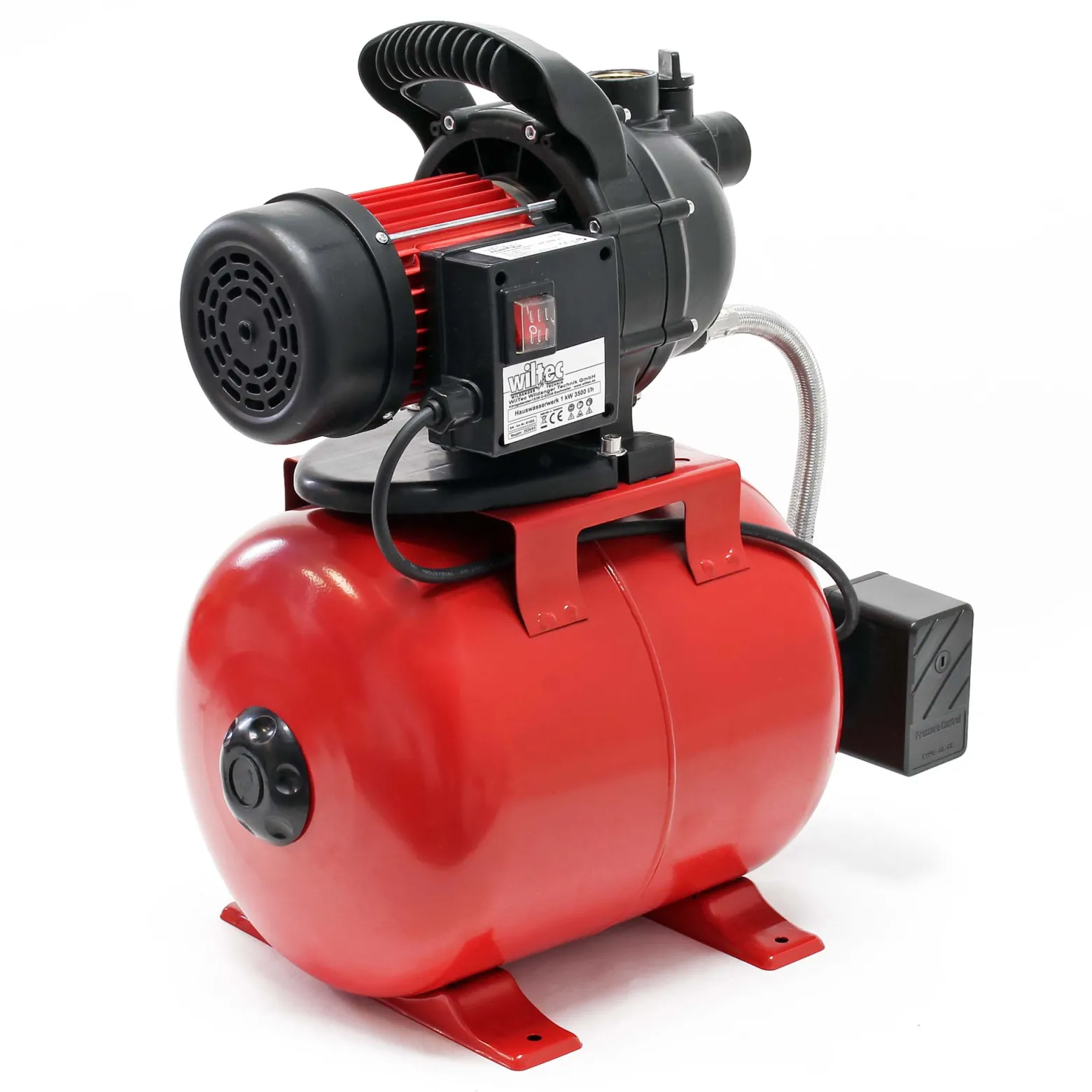 Wiltec Hauswasserwerk 1000W 3500l/h Gartenpumpe mit Druckschalter und Manometer Wasserpumpe Druckkessel Druckbehälter Bewässerungspumpe Brauchwasserpumpe Regenwasserpumpe Wasserwerk