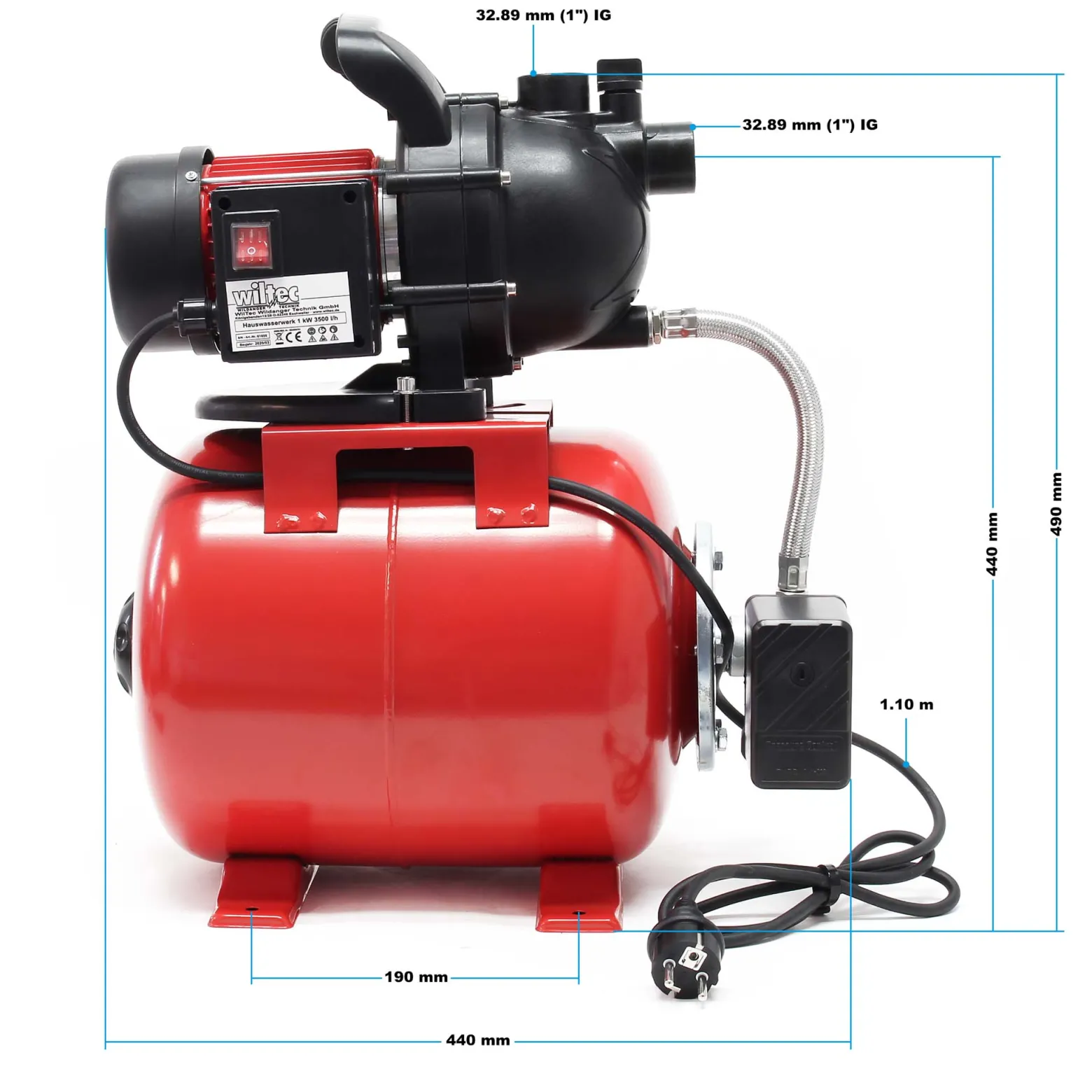 Wiltec Hauswasserwerk 1000W 3500l/h Gartenpumpe mit Druckschalter und Manometer Wasserpumpe Druckkessel Druckbehälter Bewässerungspumpe Brauchwasserpumpe Regenwasserpumpe Wasserwerk