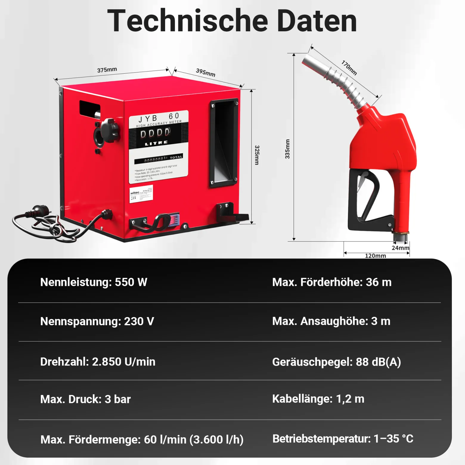 Wiltec Heizöl- und Dieselpumpe 230V/550W 60l/min selbstsansaugend, zur Wandmontage, Zapfpistole mit Abschaltautomatik, Kraftstoffpumpe