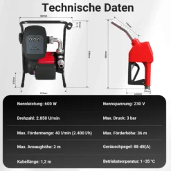 Wiltec Heizöl- und Dieselpumpe 230V/600W 40l/min selbstansaugend Pumpe mit automatischer Pistole, Kraftstoffpumpe, Absaugpumpe