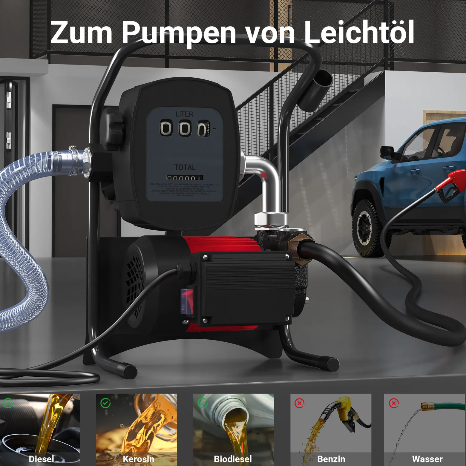 Wiltec Heizöl- und Dieselpumpe 230V/600W 40l/min selbstansaugend Pumpe mit automatischer Pistole, Kraftstoffpumpe, Absaugpumpe