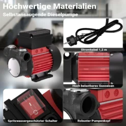 Wiltec Heizöl- und Dieselpumpe 230V 375W 60l/min, Selbstansaugende Umfüllpumpe mit 2m Ansaughöhe und Rückschlagventil, Absaugpumpe