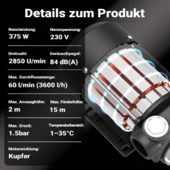 Wiltec Heizöl- und Dieselpumpe 230V 375W 60l/min, Selbstansaugende Umfüllpumpe mit 2m Ansaughöhe und Rückschlagventil, Absaugpumpe