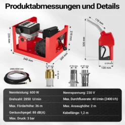 Wiltec Heizöl- und Dieselpumpe 230V/600W 40l/min selbstansaugend Pumpe mit automatischer Pistole, Kraftstoffpumpe, Absaugpumpe