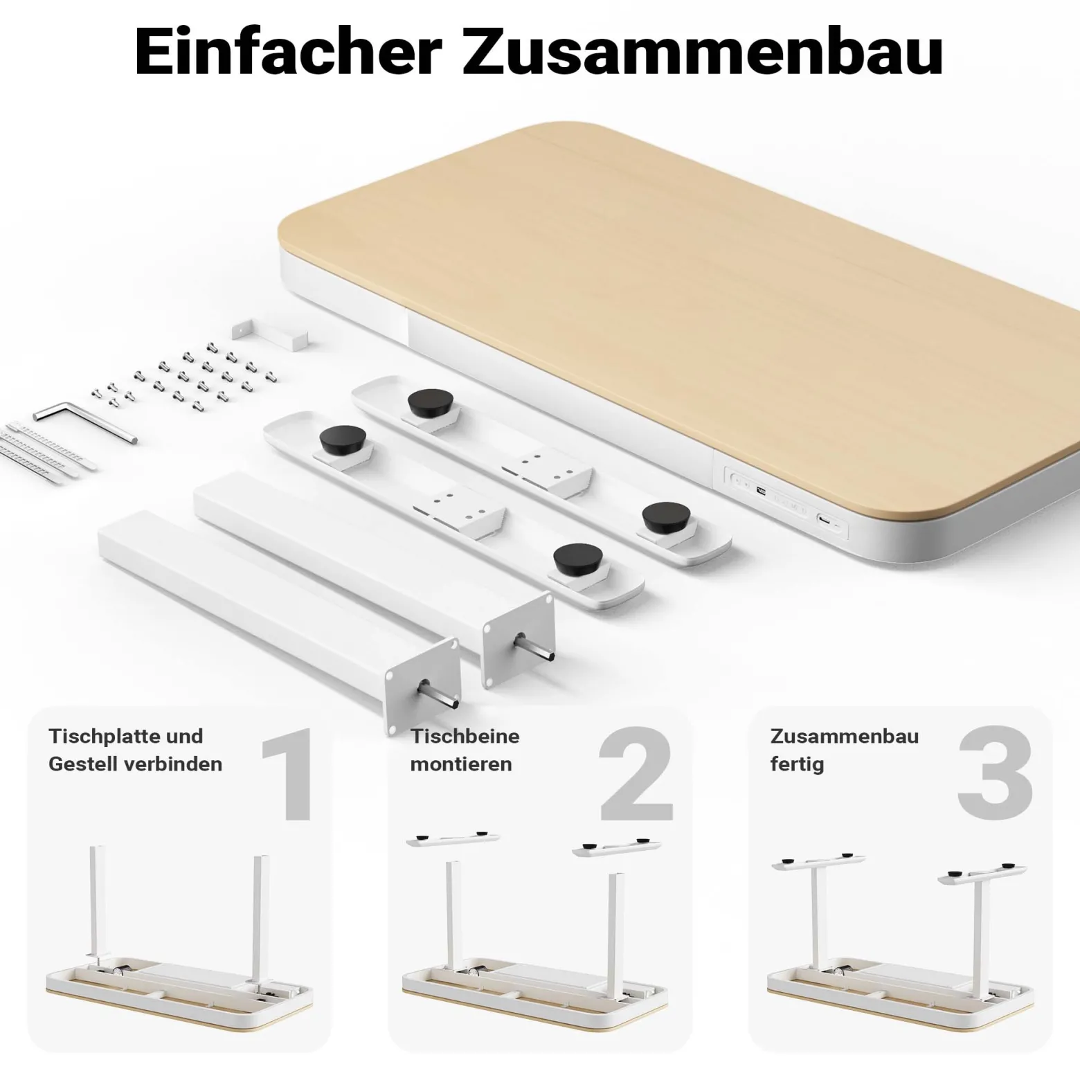 Wiltec Höhenverstellbarer Schreibtisch einmotorig mit Ladestation, Kollisionsschutz, Memoryfunktion und Sitz-/Stehzeit-Erinnerung, Stehtisch mit Tischplatte 1180 x 600 mm
