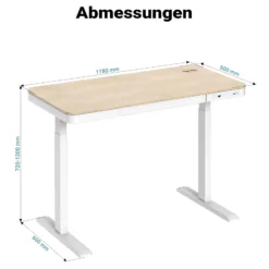 Wiltec Höhenverstellbarer Schreibtisch einmotorig mit Ladestation, Kollisionsschutz, Memoryfunktion und Sitz-/Stehzeit-Erinnerung, Stehtisch mit Tischplatte 1180 x 600 mm