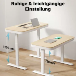 Wiltec Höhenverstellbarer Schreibtisch einmotorig mit Ladestation, Kollisionsschutz, Memoryfunktion und Sitz-/Stehzeit-Erinnerung, Stehtisch mit Tischplatte 1180 x 600 mm