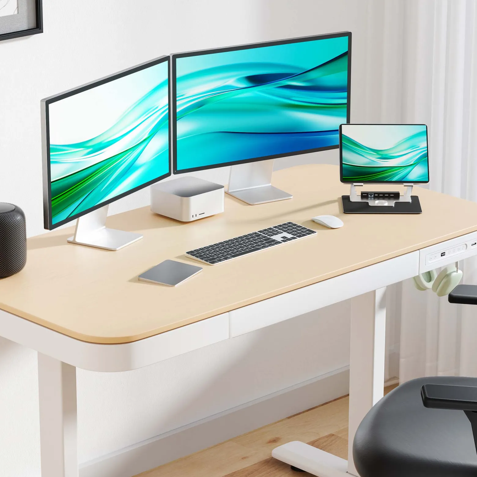 Wiltec Höhenverstellbarer Schreibtisch einmotorig mit Ladestation, Kollisionsschutz, Memoryfunktion und Sitz-/Stehzeit-Erinnerung, Stehtisch mit Tischplatte 1180 x 600 mm