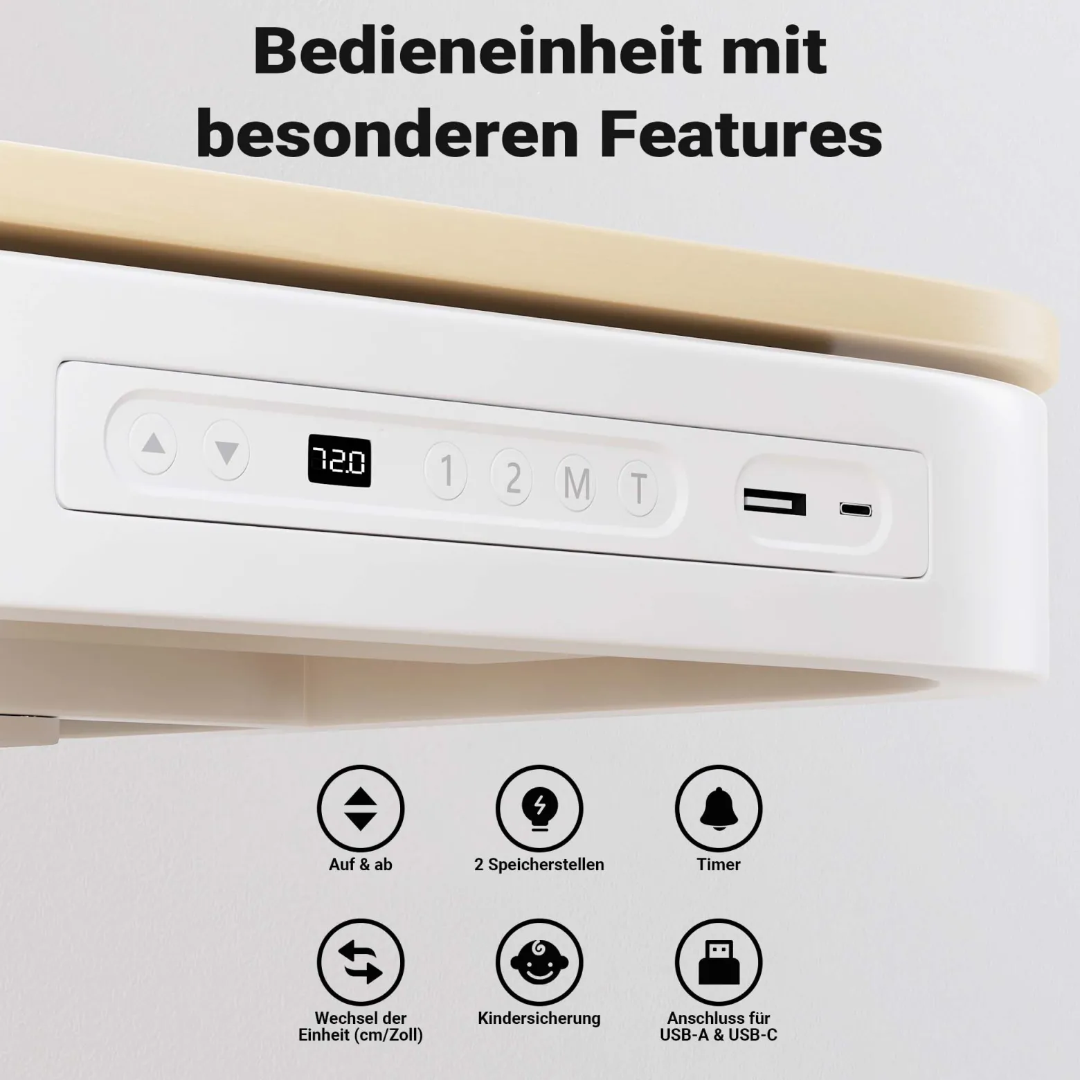Wiltec Höhenverstellbarer Schreibtisch einmotorig mit Ladestation, Kollisionsschutz, Memoryfunktion und Sitz-/Stehzeit-Erinnerung, Stehtisch mit Tischplatte 1180 x 600 mm