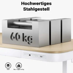 Wiltec Höhenverstellbarer Schreibtisch einmotorig mit Ladestation, Kollisionsschutz, Memoryfunktion und Sitz-/Stehzeit-Erinnerung, Stehtisch mit Tischplatte 1180 x 600 mm
