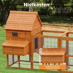 Wiltec Hühnerstall 3100 x 1500 x 1500 mm braun mit Freilauf und Nistkästen aus Holz, Hühnerhaus mit Unterschlupf, Gitter und Kotwanne verzinkt
