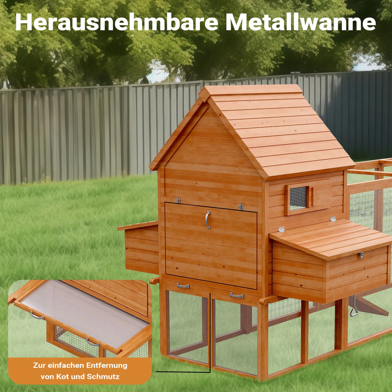Wiltec Hühnerstall 3100 x 1500 x 1500 mm braun mit Freilauf und Nistkästen aus Holz, Hühnerhaus mit Unterschlupf, Gitter und Kotwanne verzinkt