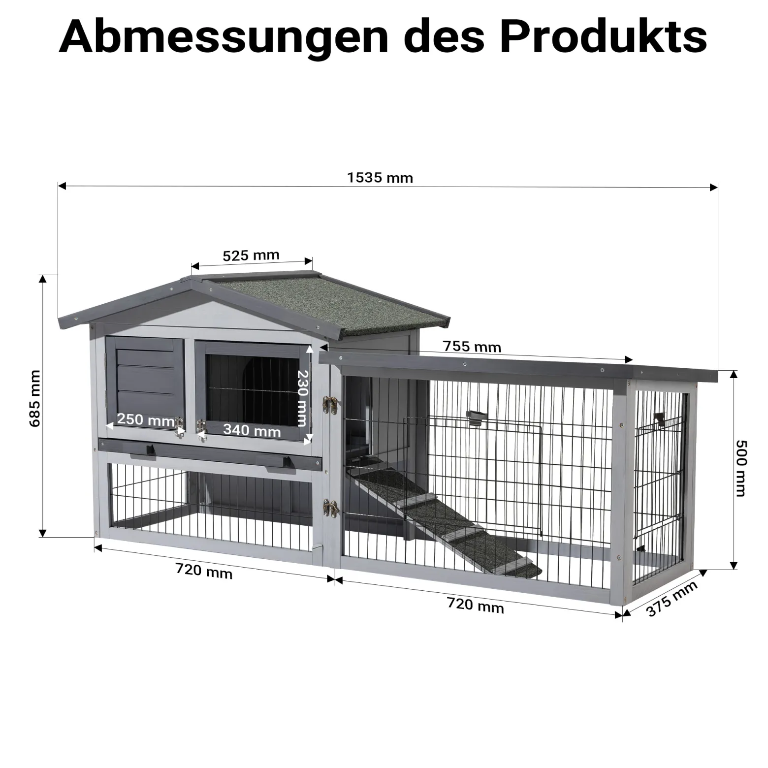 Wiltec Hühnerstall 1535 x 525 x 685 mm hellgrau mit Freilauf und Schlafhaus aus Holz, Hühnerhaus mit Unterschlupf, Gitter und Kotwanne verzinkt