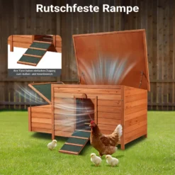 Wiltec Hühnerstall 1360 x 740 x 700 mm rotbraun mit Nistkasten aus Holz, Hühnerhaus mit Unterschlupf, isoliertem Dach und Kotwanne verzinkt