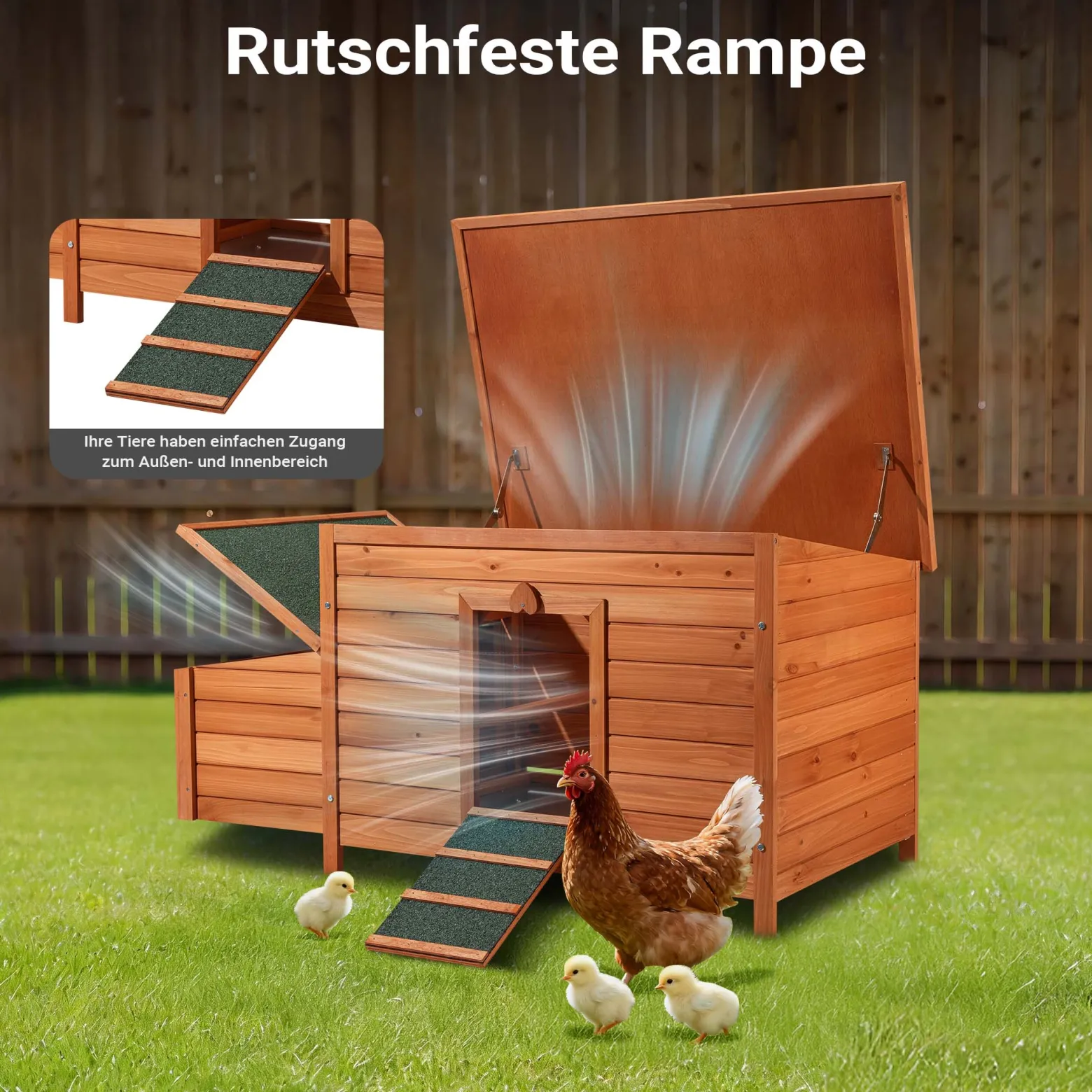 Wiltec Hühnerstall 1360 x 740 x 700 mm rotbraun mit Nistkasten aus Holz, Hühnerhaus mit Unterschlupf, isoliertem Dach und Kotwanne verzinkt
