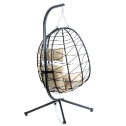 Wiltec Hängesessel für Indoor und Outdoor, Hängestuhl aus Rattan, Korbsessel bis 130 kg, Hängeschaukel mit Gestell und Sitzkissen