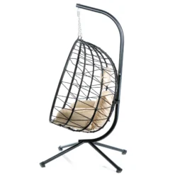 Wiltec Hängesessel für Indoor und Outdoor, Hängestuhl aus Rattan, Korbsessel bis 130 kg, Hängeschaukel mit Gestell und Sitzkissen