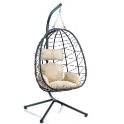 Wiltec Hängesessel für Indoor und Outdoor, Hängestuhl aus Rattan, Korbsessel bis 130 kg, Hängeschaukel mit Gestell und Sitzkissen