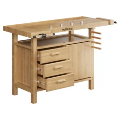 Wiltec Hobelbank 126 x 50 x 84 cm aus Holz, Werkbank bis 150 kg, Werktisch mit Spannzangen, Schubladen und Gerätefach, Arbeitstisch aus Rubberwood