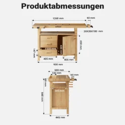 Wiltec Hobelbank 126 x 50 x 84 cm aus Holz, Werkbank bis 150 kg, Werktisch mit Spannzangen, Schubladen und Gerätefach, Arbeitstisch aus Rubberwood