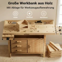Wiltec Hobelbank 126 x 50 x 84 cm aus Holz, Werkbank bis 150 kg, Werktisch mit Spannzangen, Schubladen und Gerätefach, Arbeitstisch aus Rubberwood