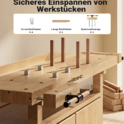 Wiltec Hobelbank 126 x 50 x 84 cm aus Holz, Werkbank bis 150 kg, Werktisch mit Spannzangen, Schubladen und Gerätefach, Arbeitstisch aus Rubberwood