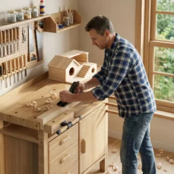 Wiltec Hobelbank 126 x 50 x 84 cm aus Holz, Werkbank bis 150 kg, Werktisch mit Spannzangen, Schubladen und Gerätefach, Arbeitstisch aus Rubberwood
