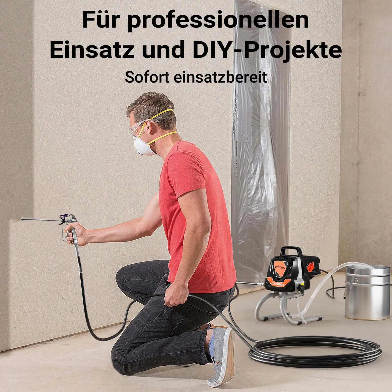 Wiltec Hochdruck Farbsprühsystem 1010 W, 207 bar, 1,5 l/min, Farbspritzgerät mit Düse und Verlängerungsstange, Farbsprühgerät für Wandfarbe