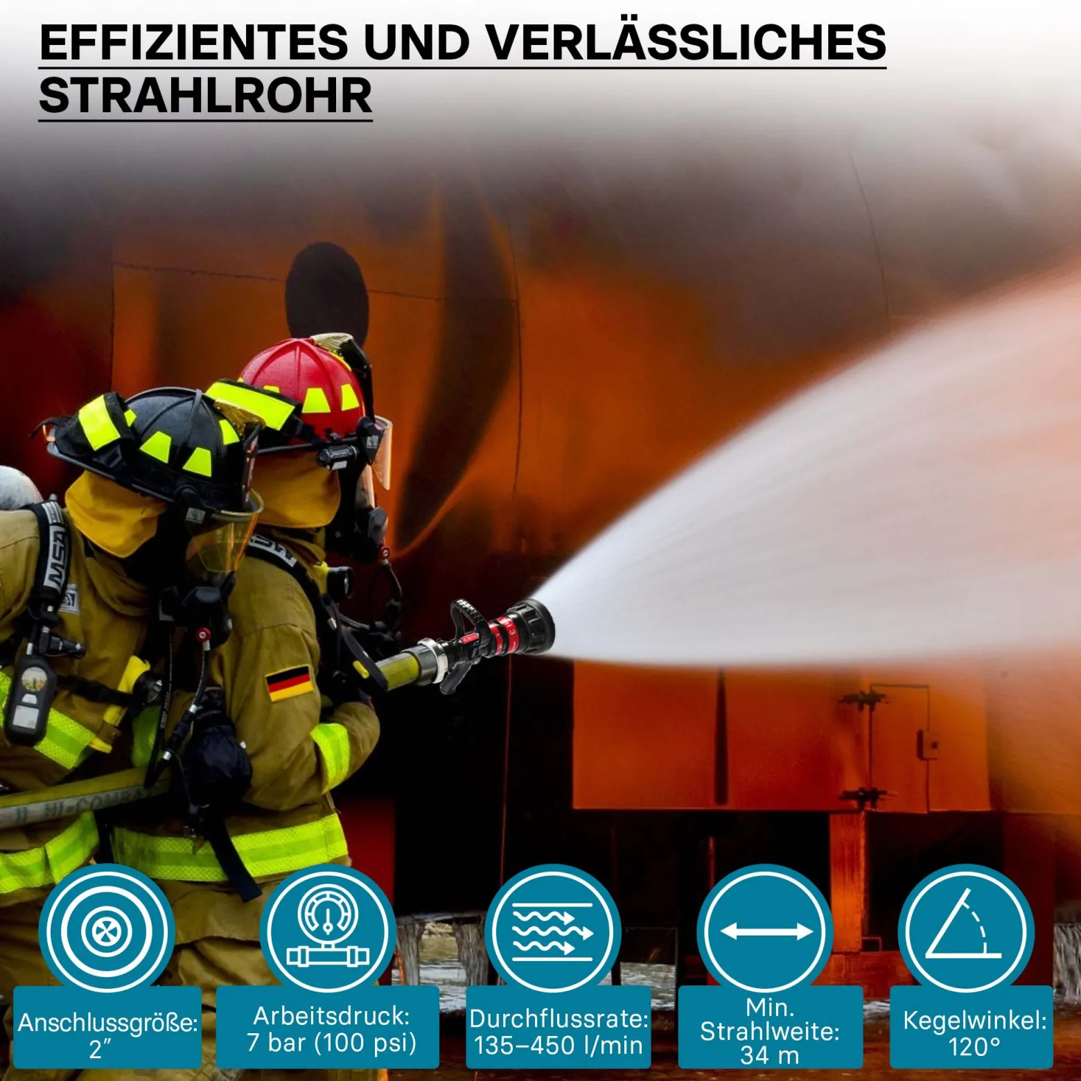 Wiltec Hohlstrahlrohr mit 150/200/350/450 l/min, C Storzkupplung und stufenloser Sprühstrahlverstellung für THW Feuerwehrrohr