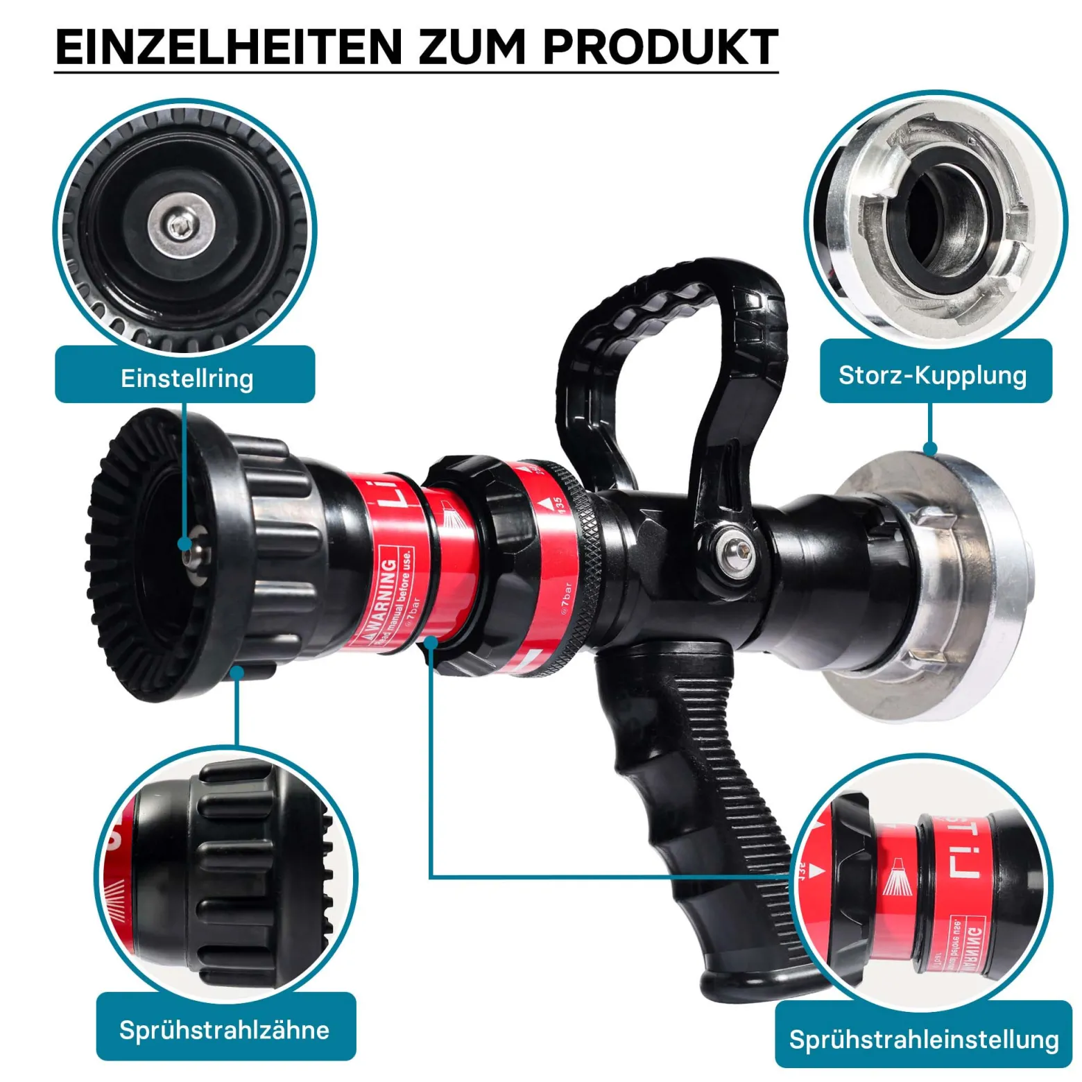 Wiltec Hohlstrahlrohr mit 150/200/350/450 l/min, C Storzkupplung und stufenloser Sprühstrahlverstellung für THW Feuerwehrrohr