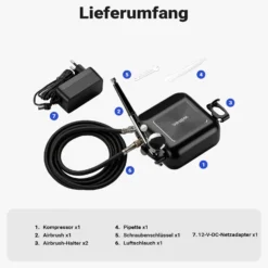Wiltec HS-A10K Kompressor Zubehör Set 2,8 bar, Airbrush Set 12 V, Airbrushpistole mit 0,3 mm Düse, Druckluft Kompressor mit Air Brush