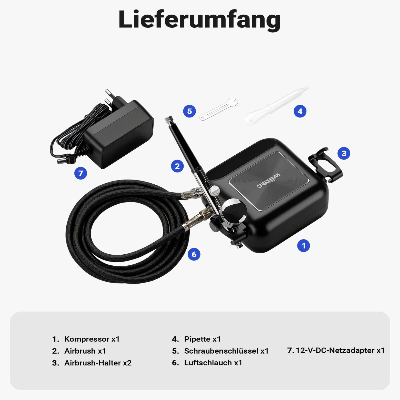 Wiltec HS-A10K Kompressor Zubehör Set 2,8 bar, Airbrush Set 12 V, Airbrushpistole mit 0,3 mm Düse, Druckluft Kompressor mit Air Brush
