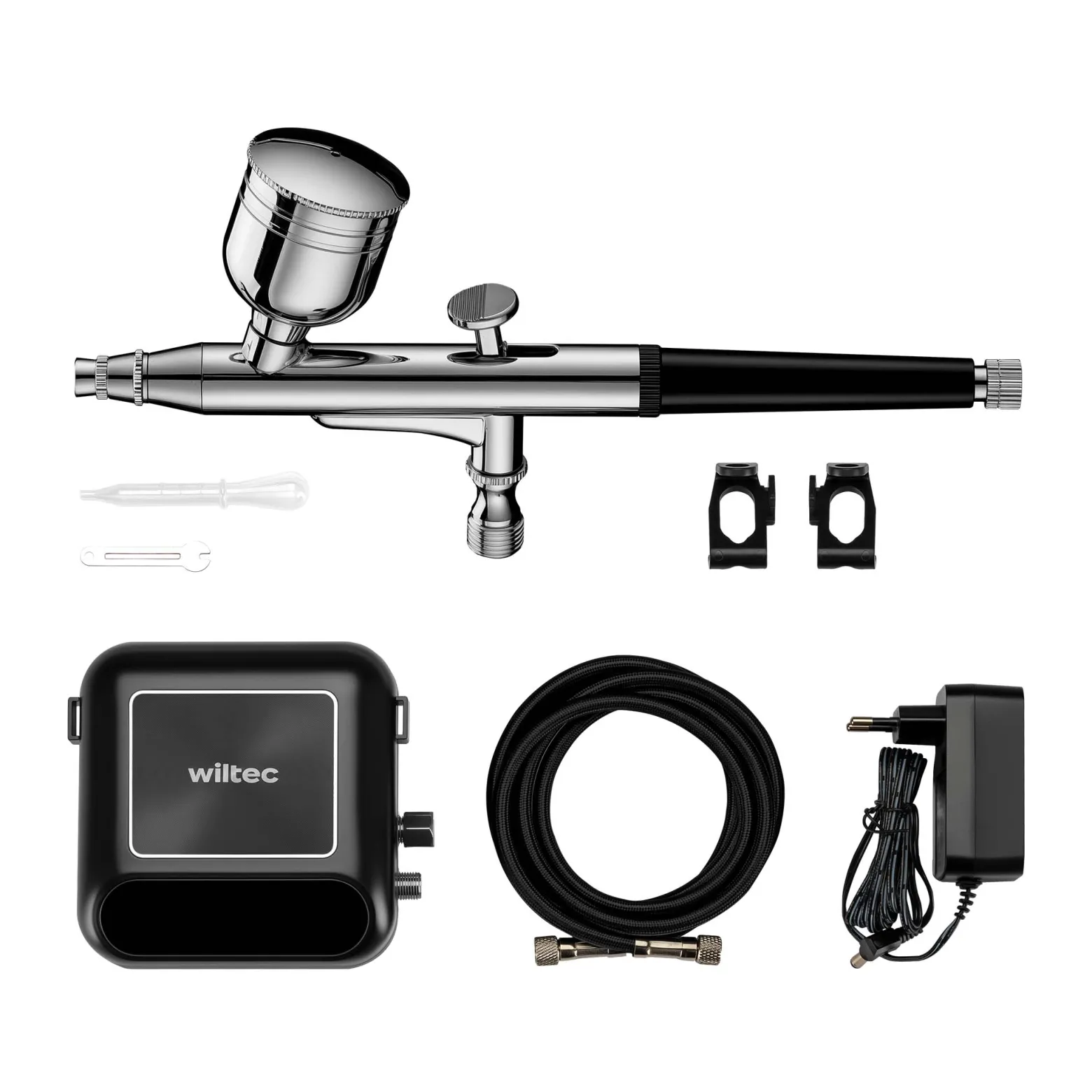 Wiltec HS-A10K Kompressor Zubehör Set 2,8 bar, Airbrush Set 12 V, Airbrushpistole mit 0,3 mm Düse, Druckluft Kompressor mit Air Brush