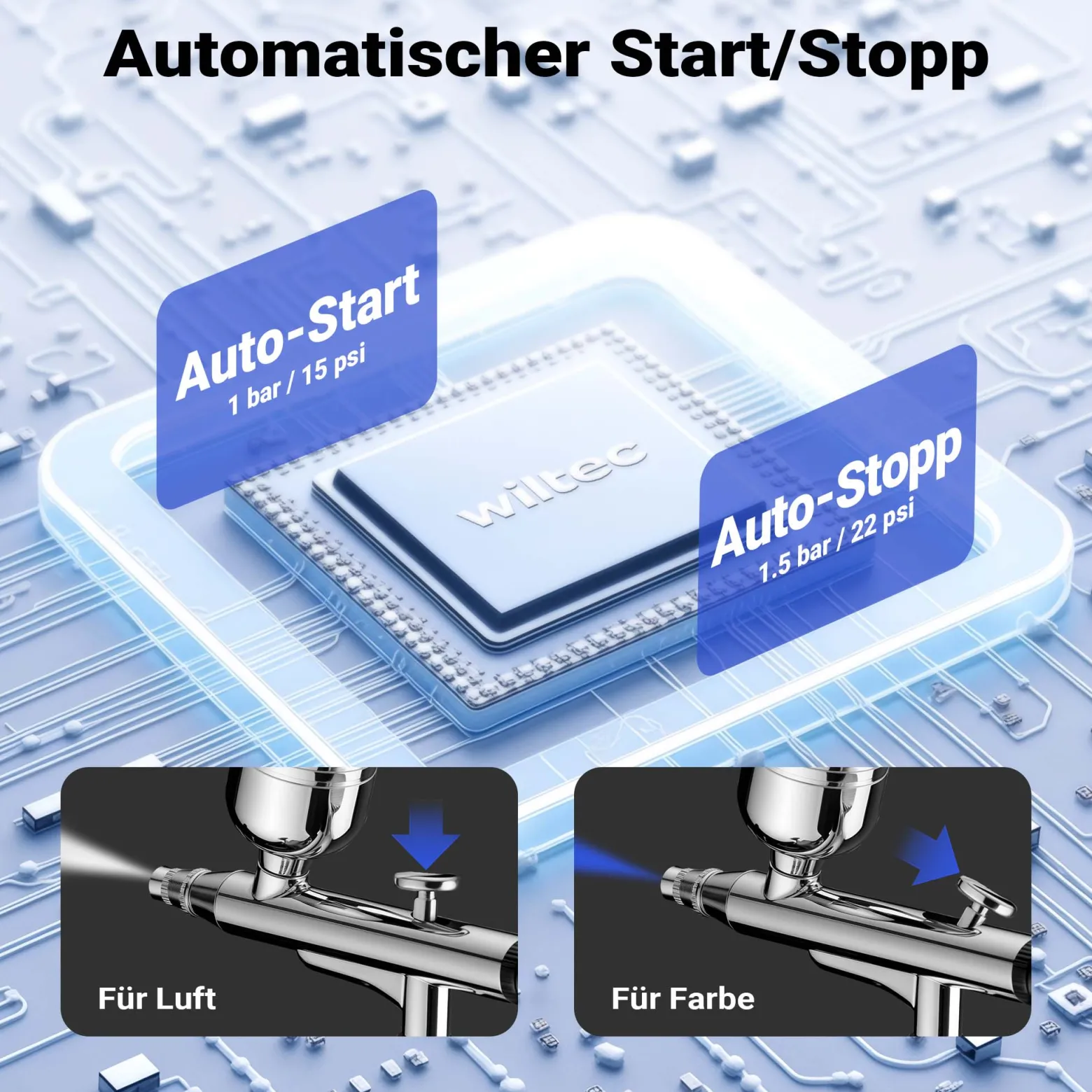Wiltec HS-A10K Kompressor Zubehör Set 2,8 bar, Airbrush Set 12 V, Airbrushpistole mit 0,3 mm Düse, Druckluft Kompressor mit Air Brush