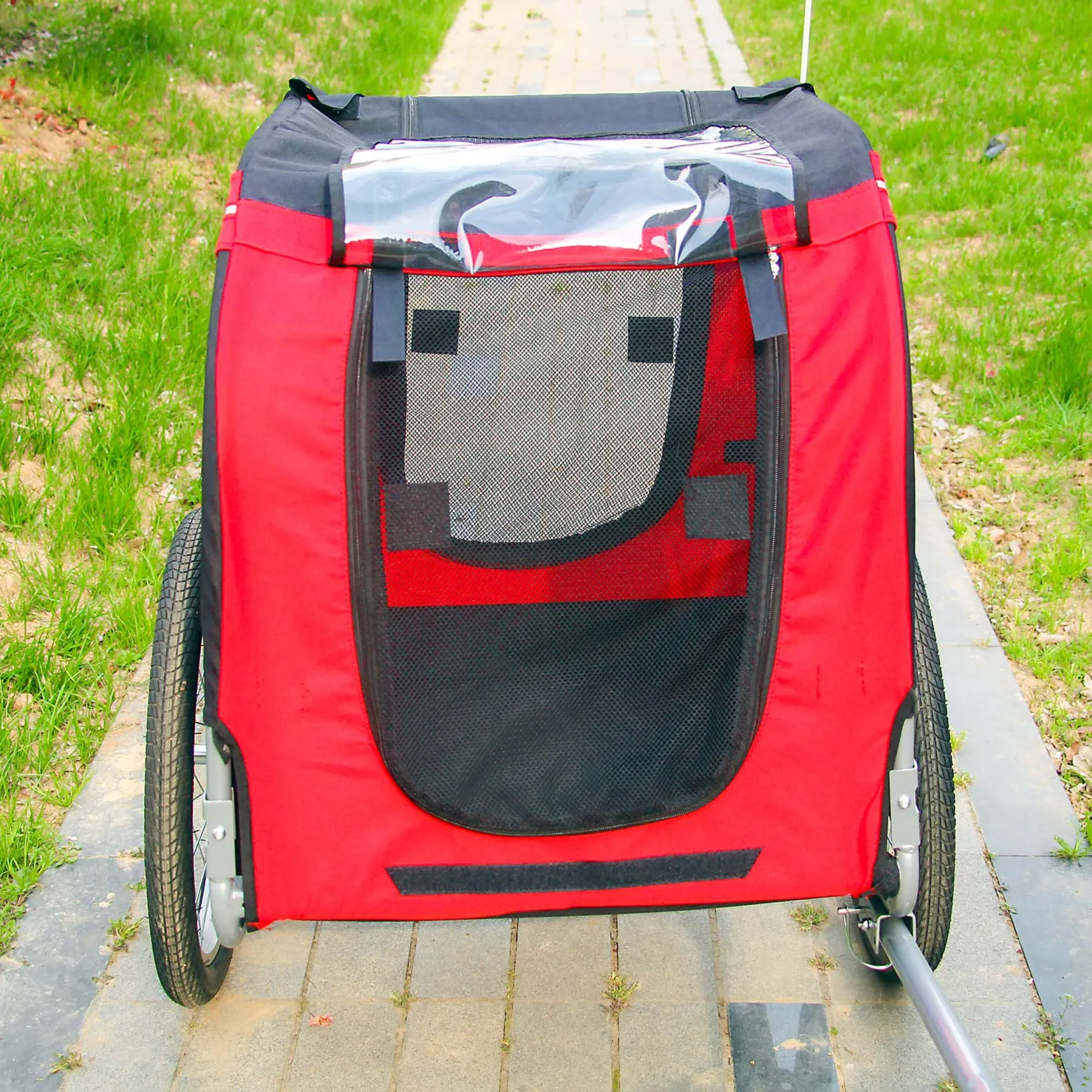 Wiltec Hunde Fahrradanhänger 220x700x78cm rot-schwarz mit Sicherheitsdrehkupplung, Lastenanhänger Fahrrad mit Fliegengitter & Regenschutz