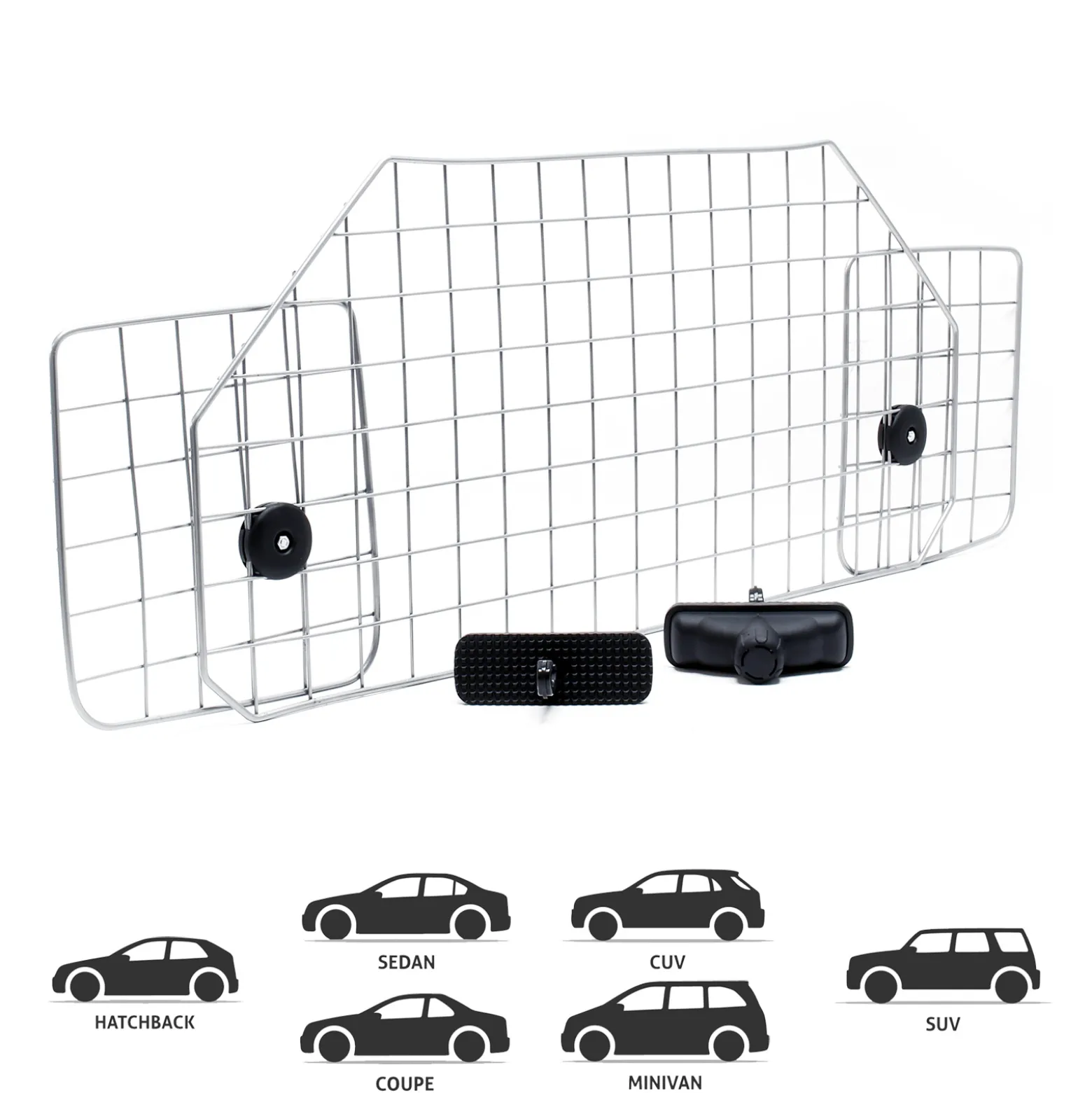 Wiltec Hundegitter fürs Auto Modell E, 42 cm hoch, verstellbare Breite 90-128cm, Trenngitter universell einsetzbar für Kofferraum