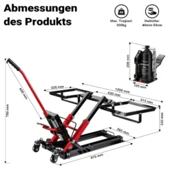 Wiltec Hydraulik-Heber 3 in 1, Motorradheber bis 300 kg, Quad Hebebühne Hubhöhe bis 53 cm, Mobile Hebebühne für ATV, Rasenmäher, Motorräder