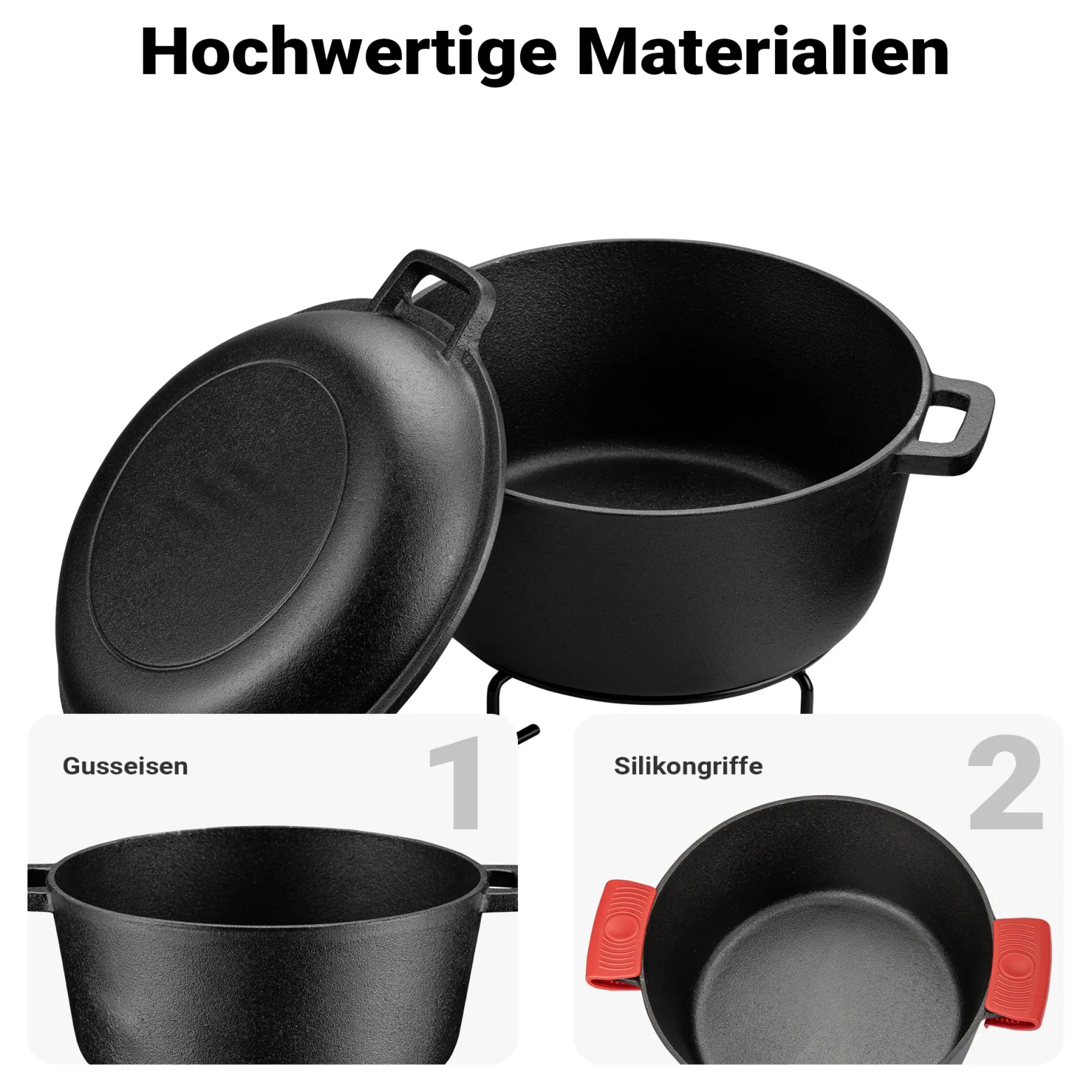 Wiltec 2in1 Dutch Oven 32 x 26 x 16 cm Grilltopf aus Gusseisen, Schmortopf plus Deckel, Feuertopf inkl. Topfgestell, Deckelhalter und Griffe
