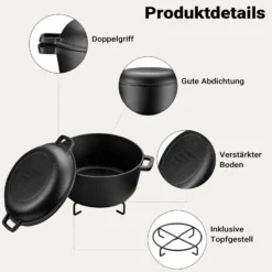 Wiltec 2in1 Dutch Oven 32 x 26 x 16 cm Grilltopf aus Gusseisen, Schmortopf plus Deckel, Feuertopf inkl. Topfgestell, Deckelhalter und Griffe