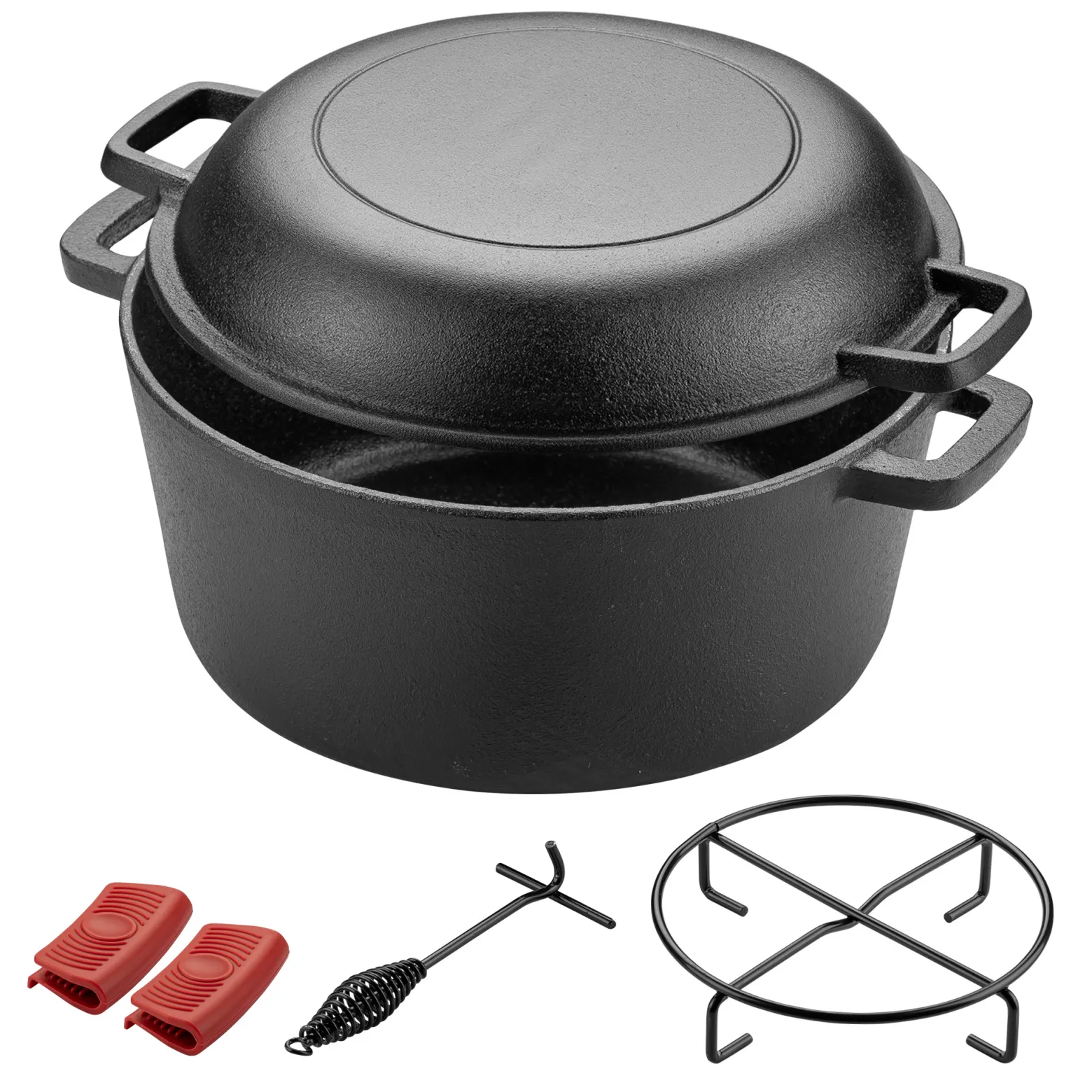 Wiltec 2in1 Dutch Oven 32 x 26 x 16 cm Grilltopf aus Gusseisen, Schmortopf plus Deckel, Feuertopf inkl. Topfgestell, Deckelhalter und Griffe