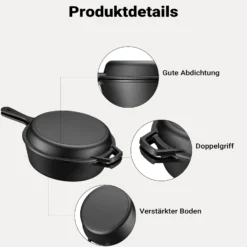 Wiltec 2in1 Dutch Oven 42 x 26 x 12 cm Grilltopf aus Gusseisen, Schmortopf mit Doppelfunktion